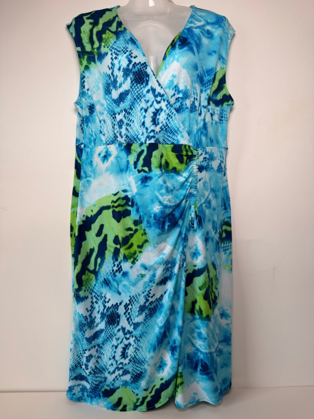 Jones New York Blue Green Abstract Wrap Dress Women size L Stretchy Preppy Party
